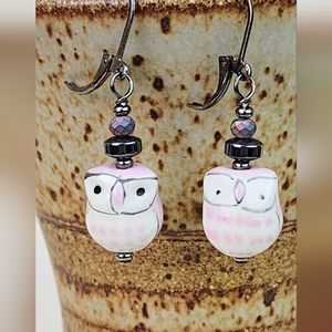 Quirky Porcelain Pink Owl Dangle‎ Earrings, Gunmetal Accents, Handmade